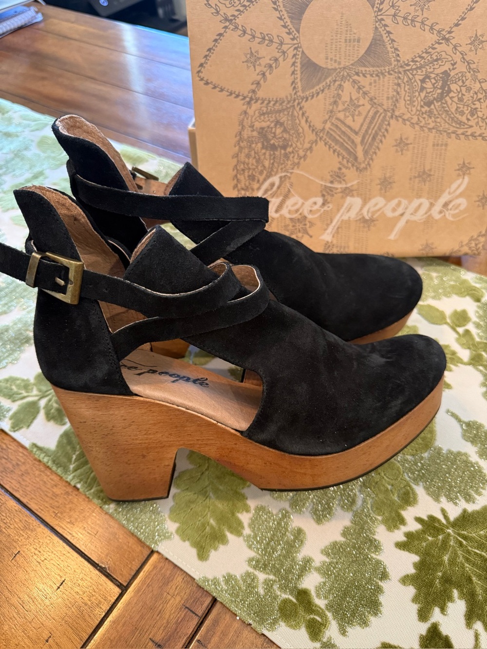 NWT Free People Black Suede Cutout Platform Pumps with Wood-Look Heel